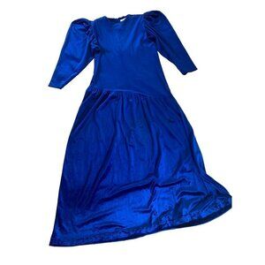 Vintage David Brown California 1980's Blue Velvet Puff Sleeve Maxi - Small